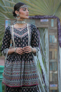 Juniper Black Ethnic Motif Printed Pure Cotton Peplum Tunic With Lace Work | Grocsy