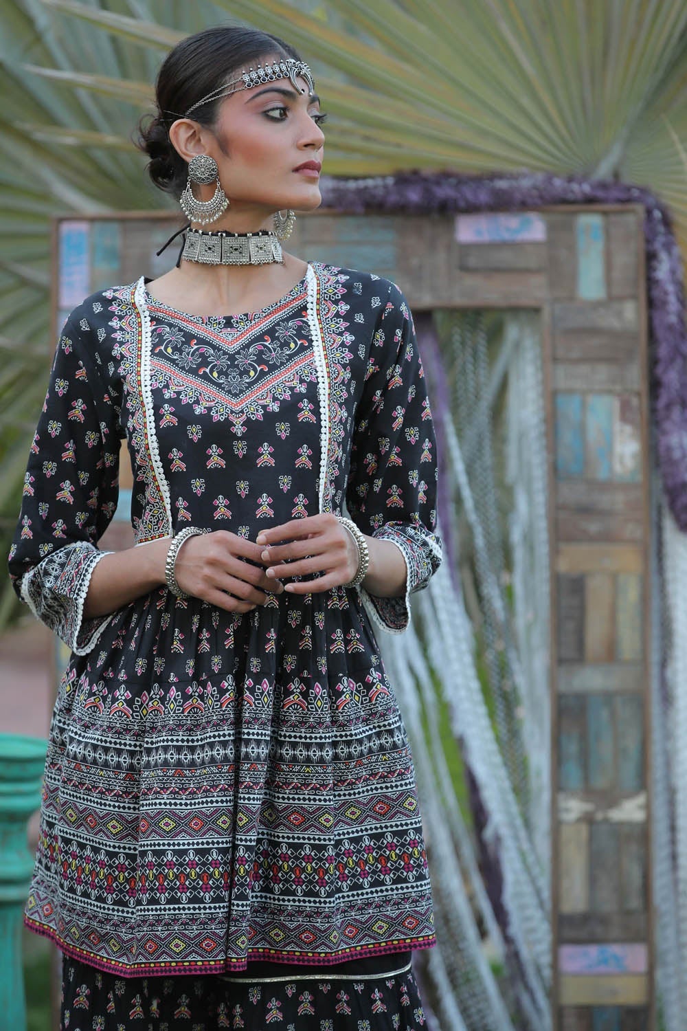 Juniper Black Ethnic Motif Printed Pure Cotton Peplum Tunic With Lace Work | Grocsy