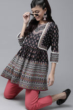 Juniper Black Ethnic Motif Printed Pure Cotton Peplum Tunic With Lace Work | Grocsy