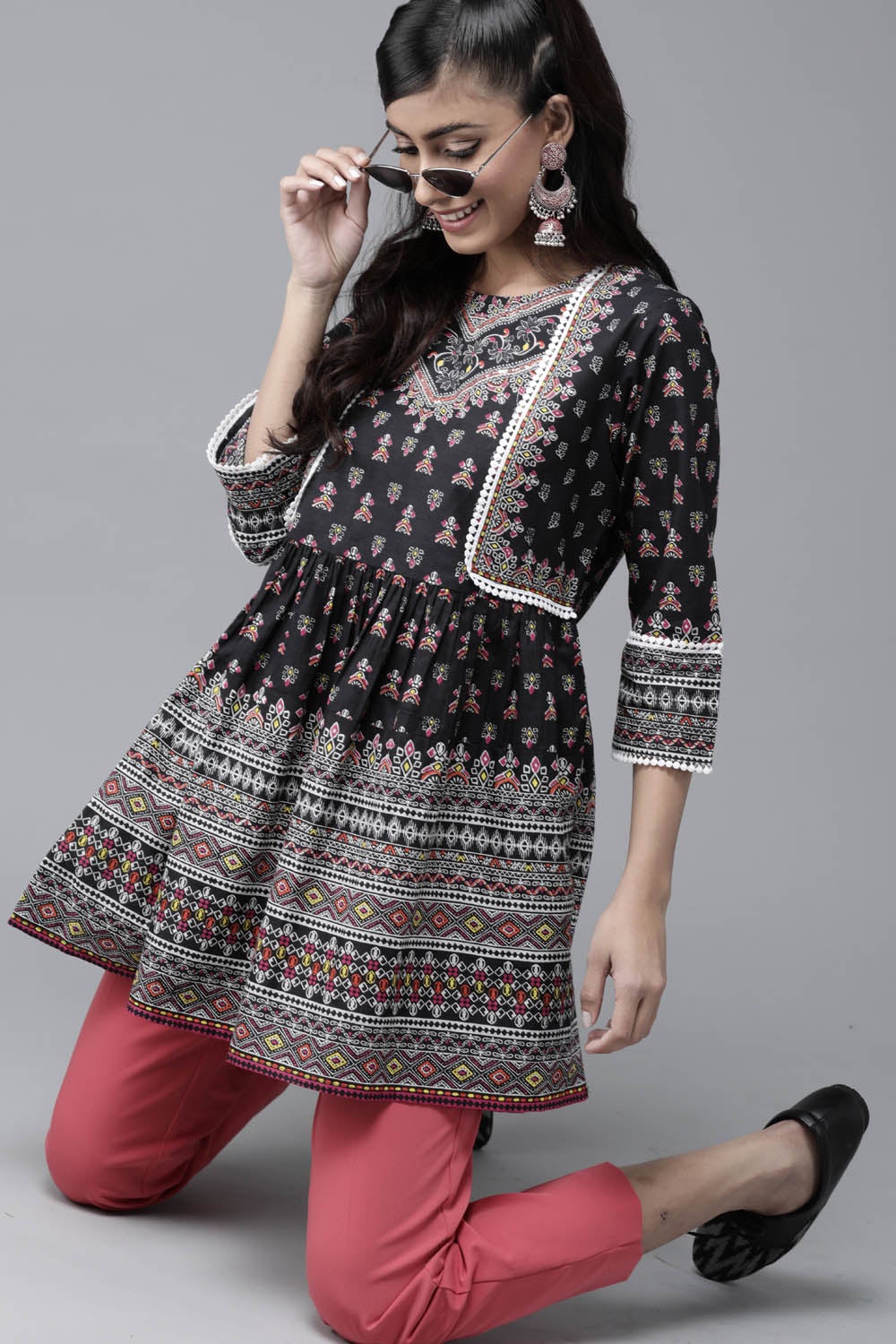 Juniper Black Ethnic Motif Printed Pure Cotton Peplum Tunic With Lace Work | Grocsy