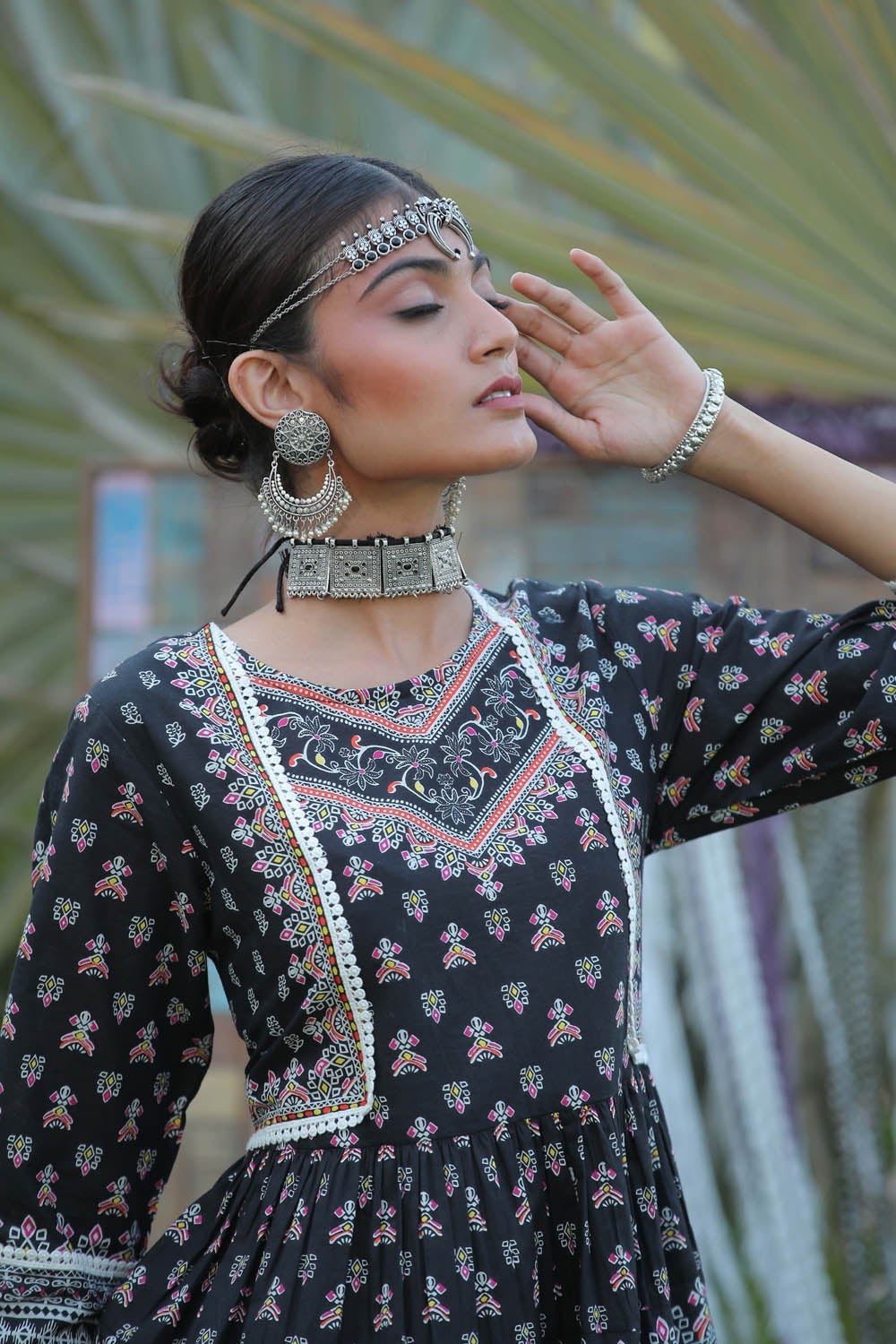 Juniper Black Ethnic Motif Printed Pure Cotton Peplum Tunic With Lace Work | Grocsy