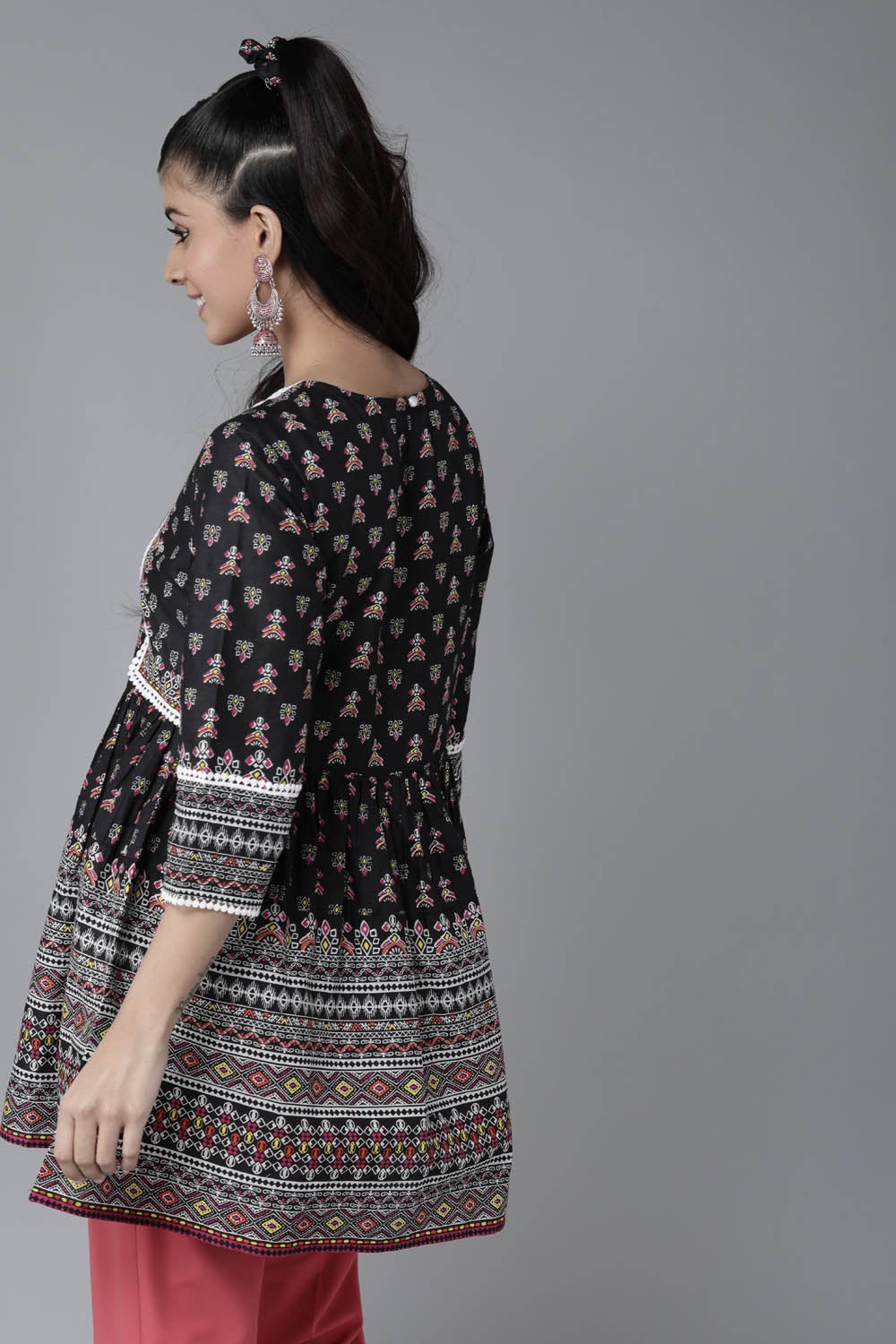 Juniper Black Ethnic Motif Printed Pure Cotton Peplum Tunic With Lace Work | Grocsy