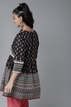Juniper Black Ethnic Motif Printed Pure Cotton Peplum Tunic With Lace Work | Grocsy