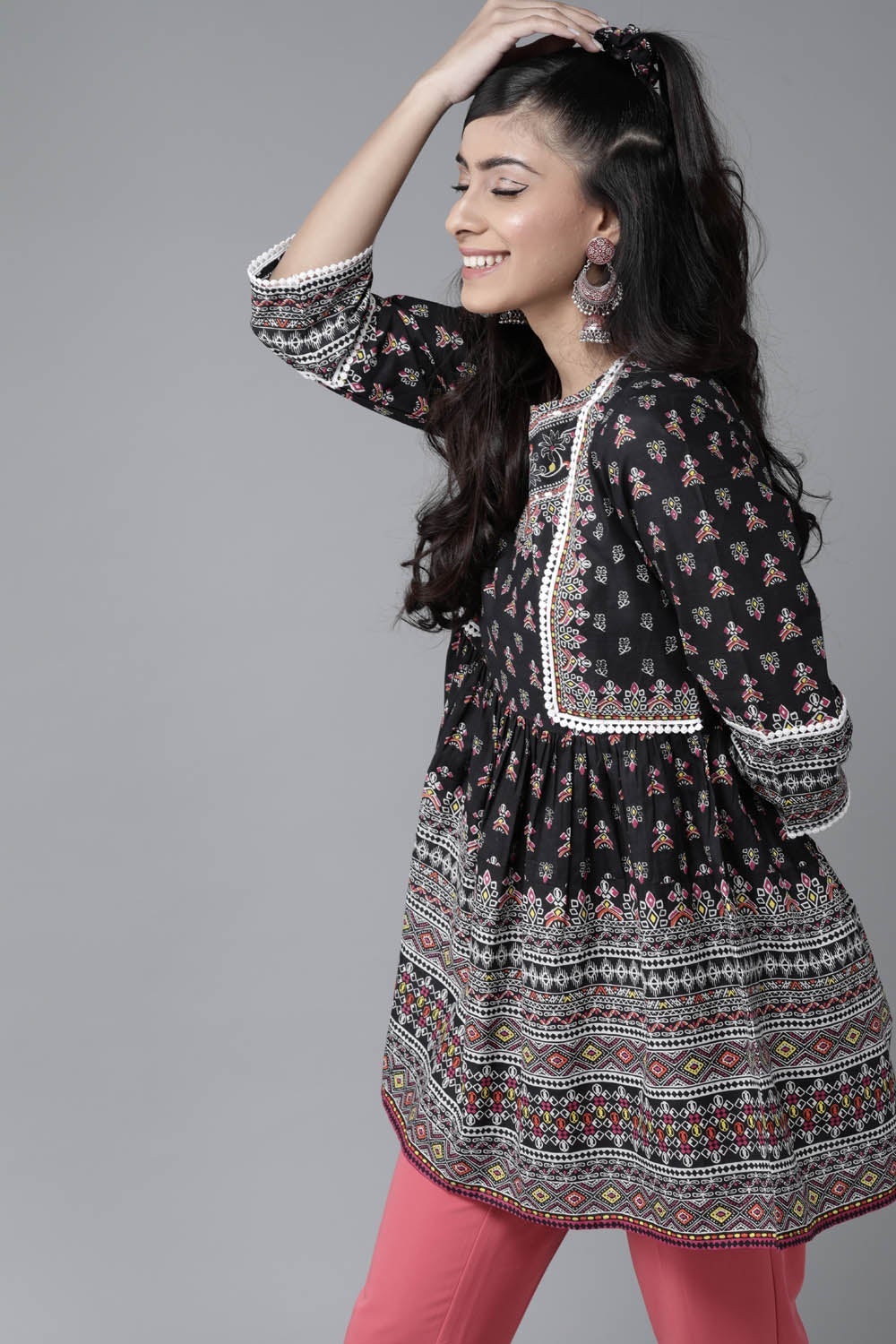 Juniper Black Ethnic Motif Printed Pure Cotton Peplum Tunic With Lace Work | Grocsy