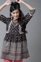 Juniper Black Ethnic Motif Printed Pure Cotton Peplum Tunic With Lace Work | Grocsy