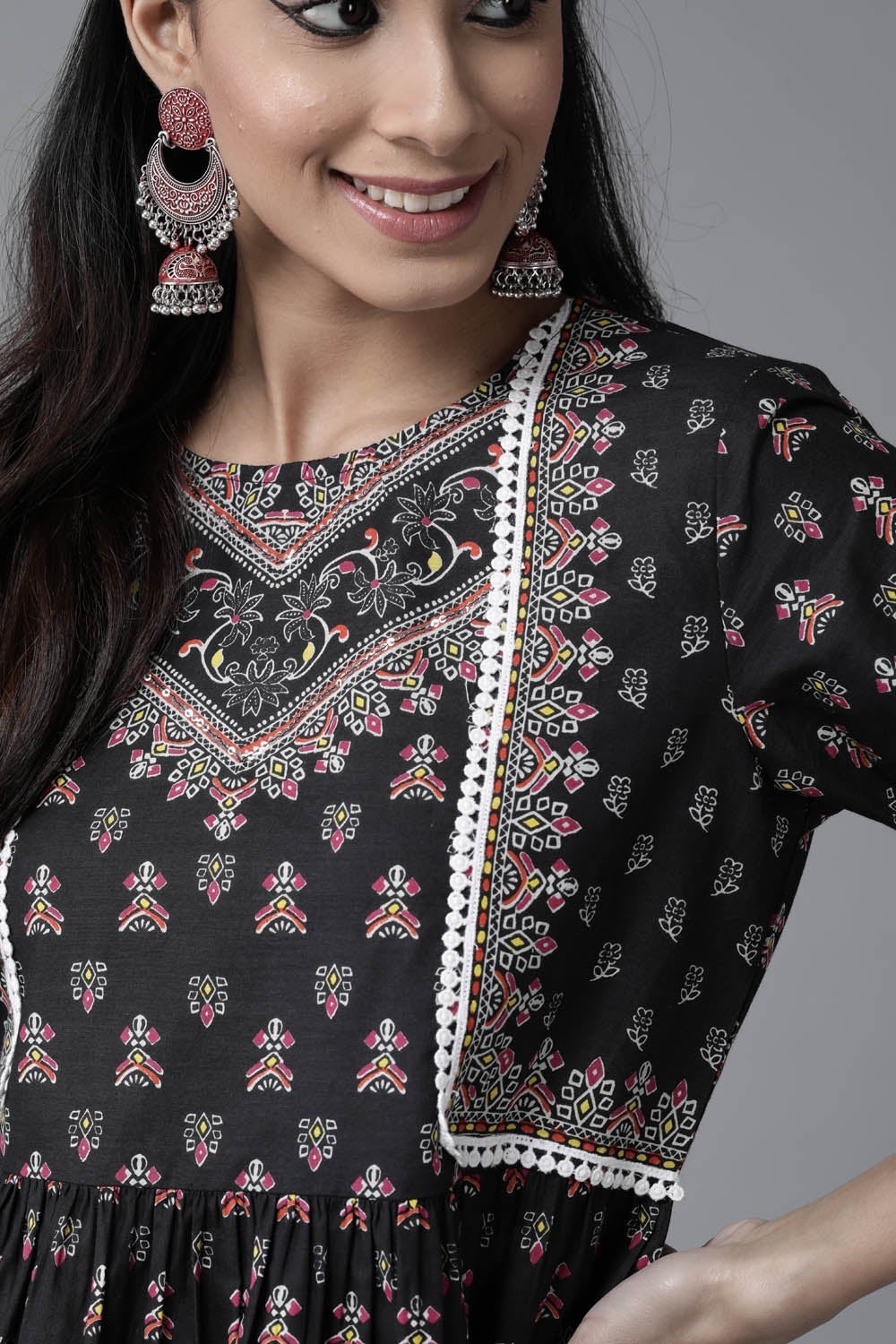 Juniper Black Ethnic Motif Printed Pure Cotton Peplum Tunic With Lace Work | Grocsy