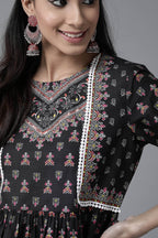Juniper Black Ethnic Motif Printed Pure Cotton Peplum Tunic With Lace Work | Grocsy
