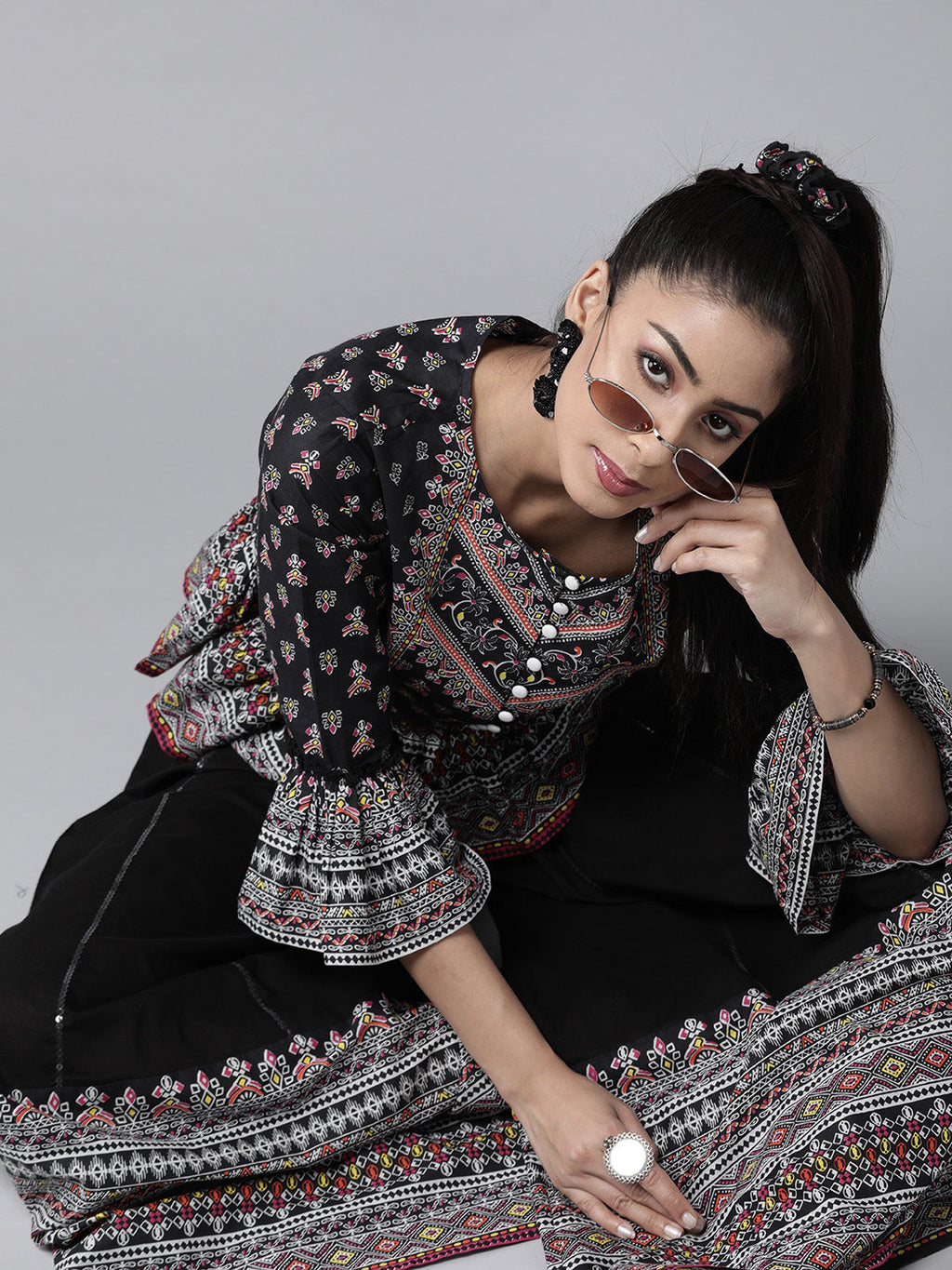 Juniper Womens Black Color Floral Printed Cambric Clothing Set | Grocsy
