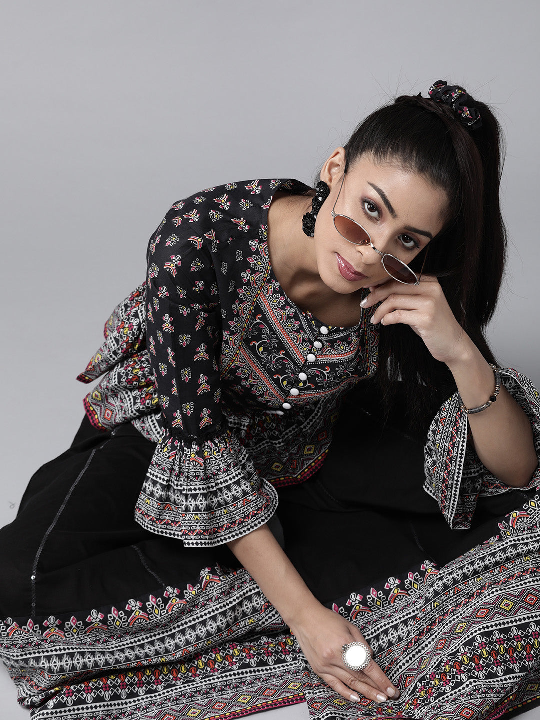 Juniper Womens Black Color Floral Printed Cambric Clothing Set | Grocsy