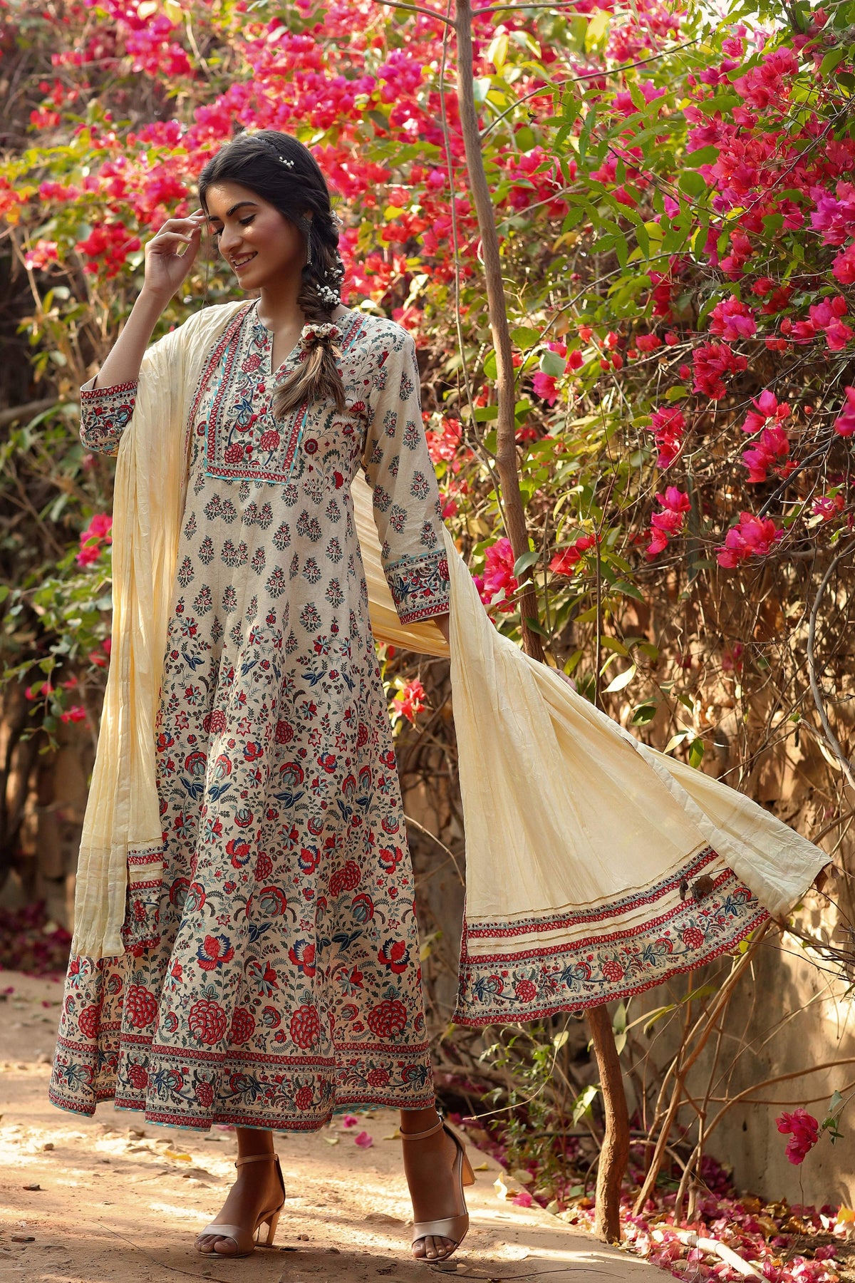 Juniper Women Beige Cambric Printed Flared Dress | Grocsy
