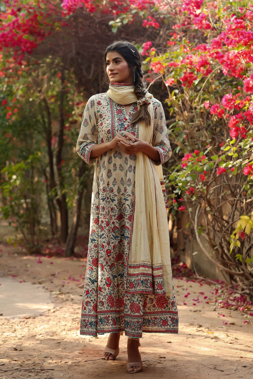 Juniper Women Beige Cambric Printed Flared Dress | Grocsy