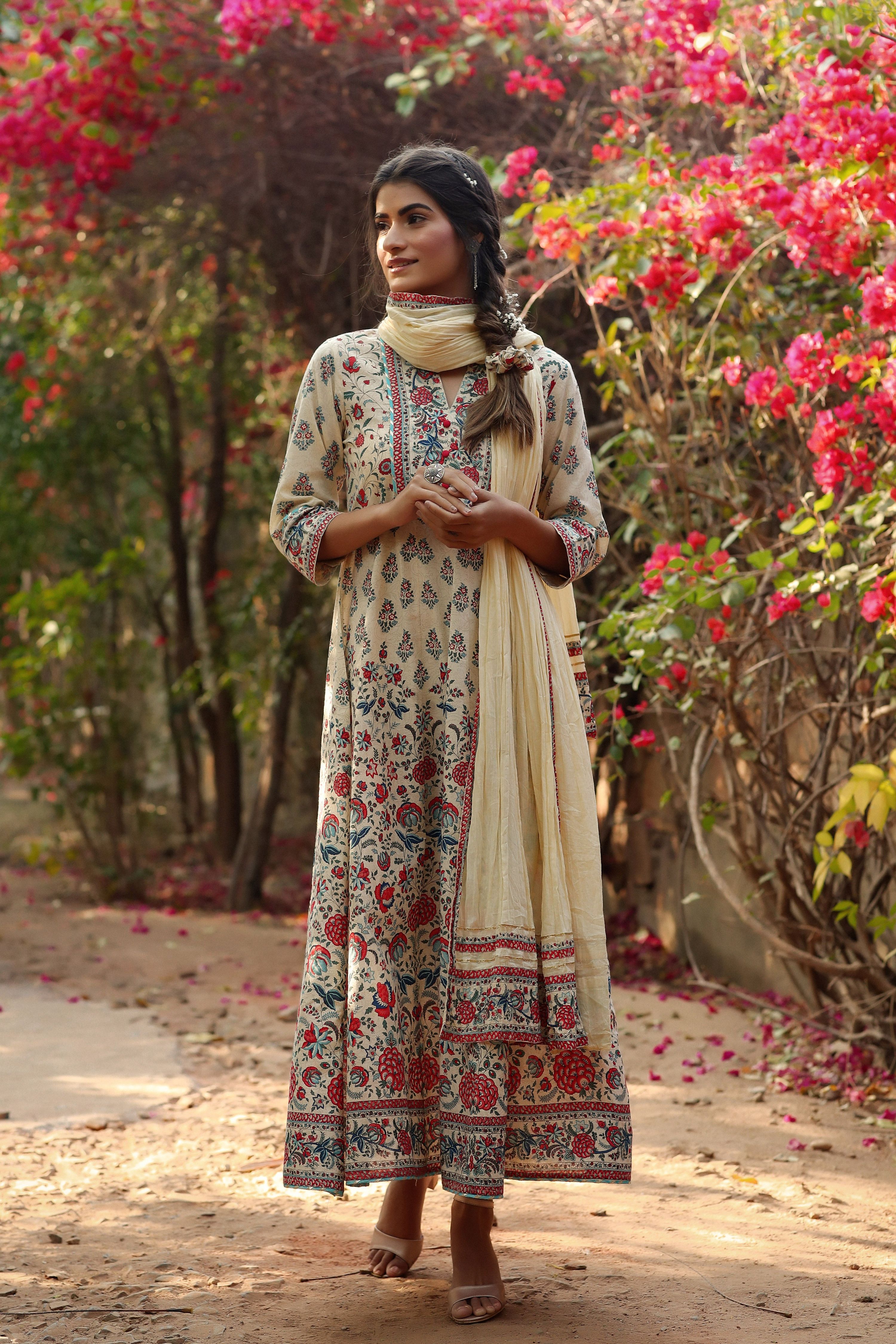 Juniper Women Beige Cambric Printed Flared Dress | Grocsy