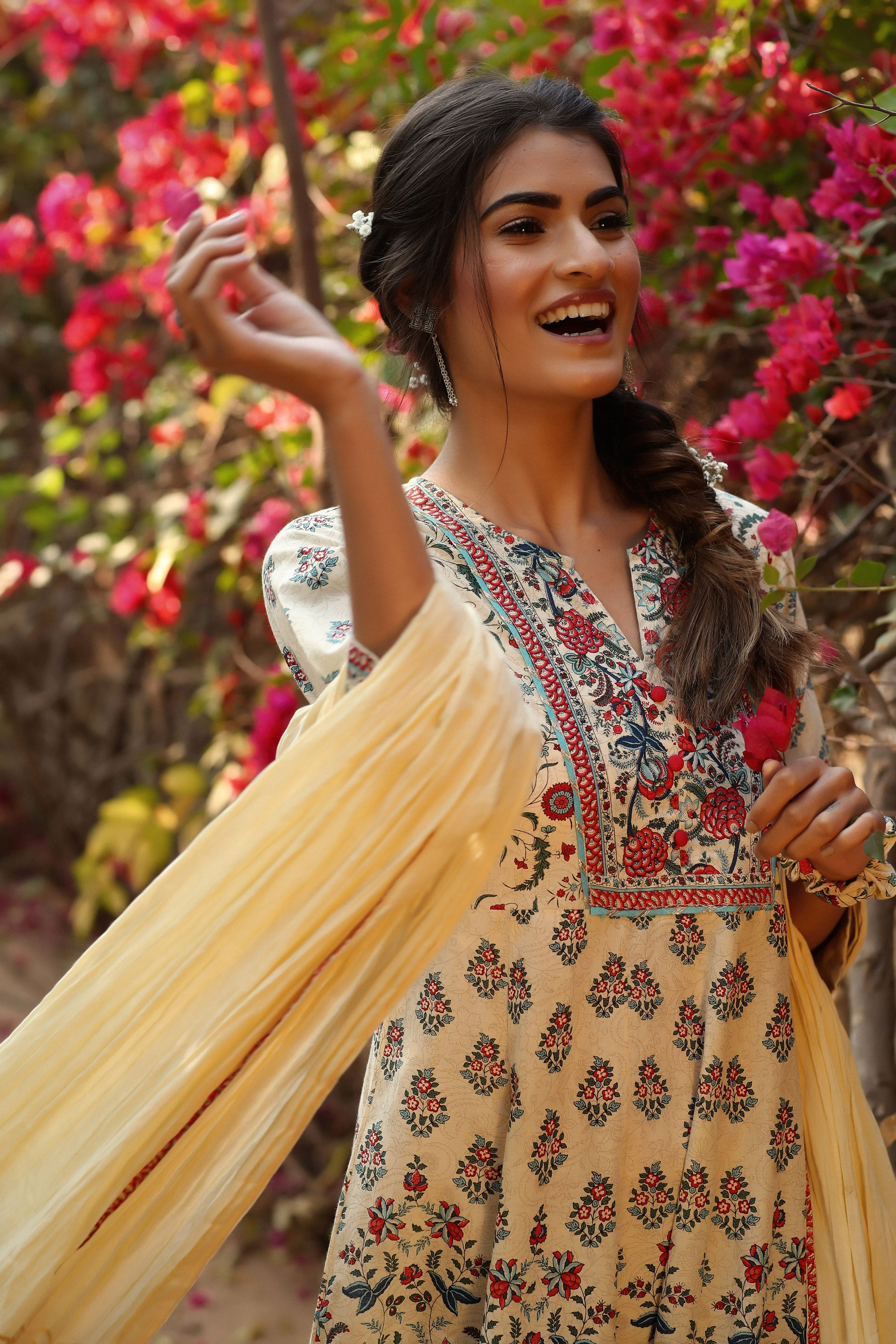 Juniper Women Beige Cambric Printed Flared Dress | Grocsy