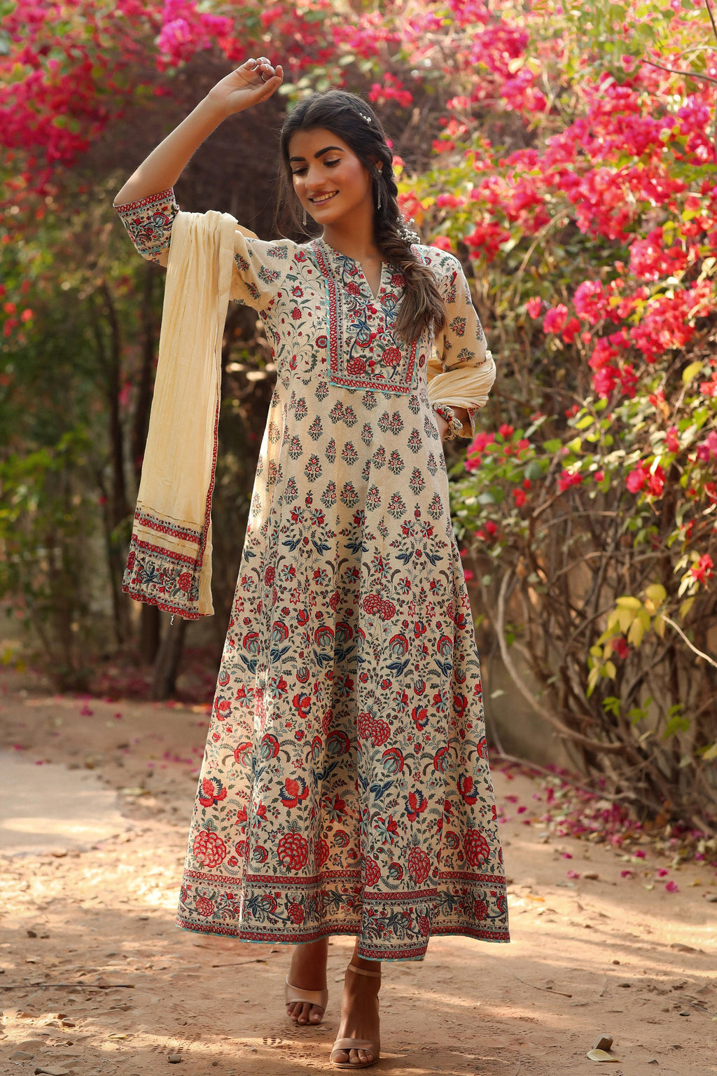 Juniper Women Beige Cambric Printed Flared Dress | Grocsy
