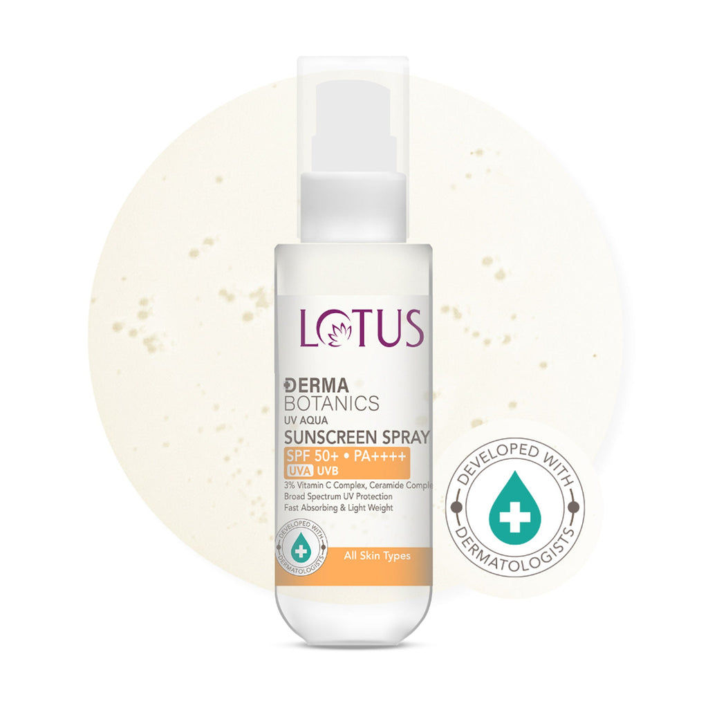 Lotus DermaBotanics 3% Vitamin C Complex + Ceramide Complex UV Aqua Sunscreen Spray SPF 50 + PA++++ | Grocsy