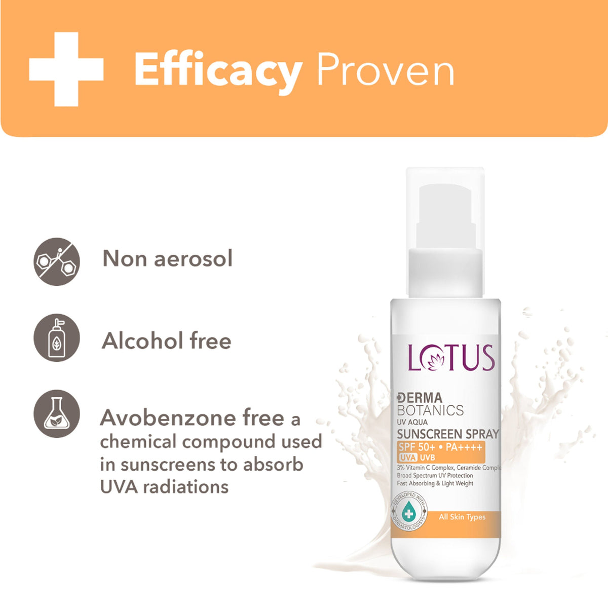 Lotus DermaBotanics 3% Vitamin C Complex + Ceramide Complex UV Aqua Sunscreen Spray SPF 50 + PA++++ | Grocsy