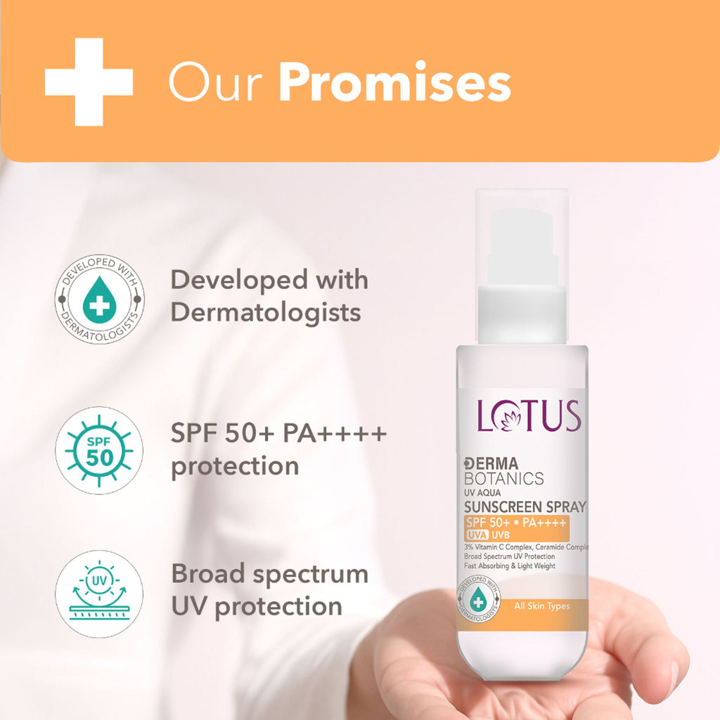 Lotus DermaBotanics 3% Vitamin C Complex + Ceramide Complex UV Aqua Sunscreen Spray SPF 50 + PA++++ | Grocsy