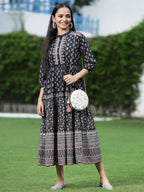 Juniper Women's Black Cambric Printed Tiered Dress | Grocsy