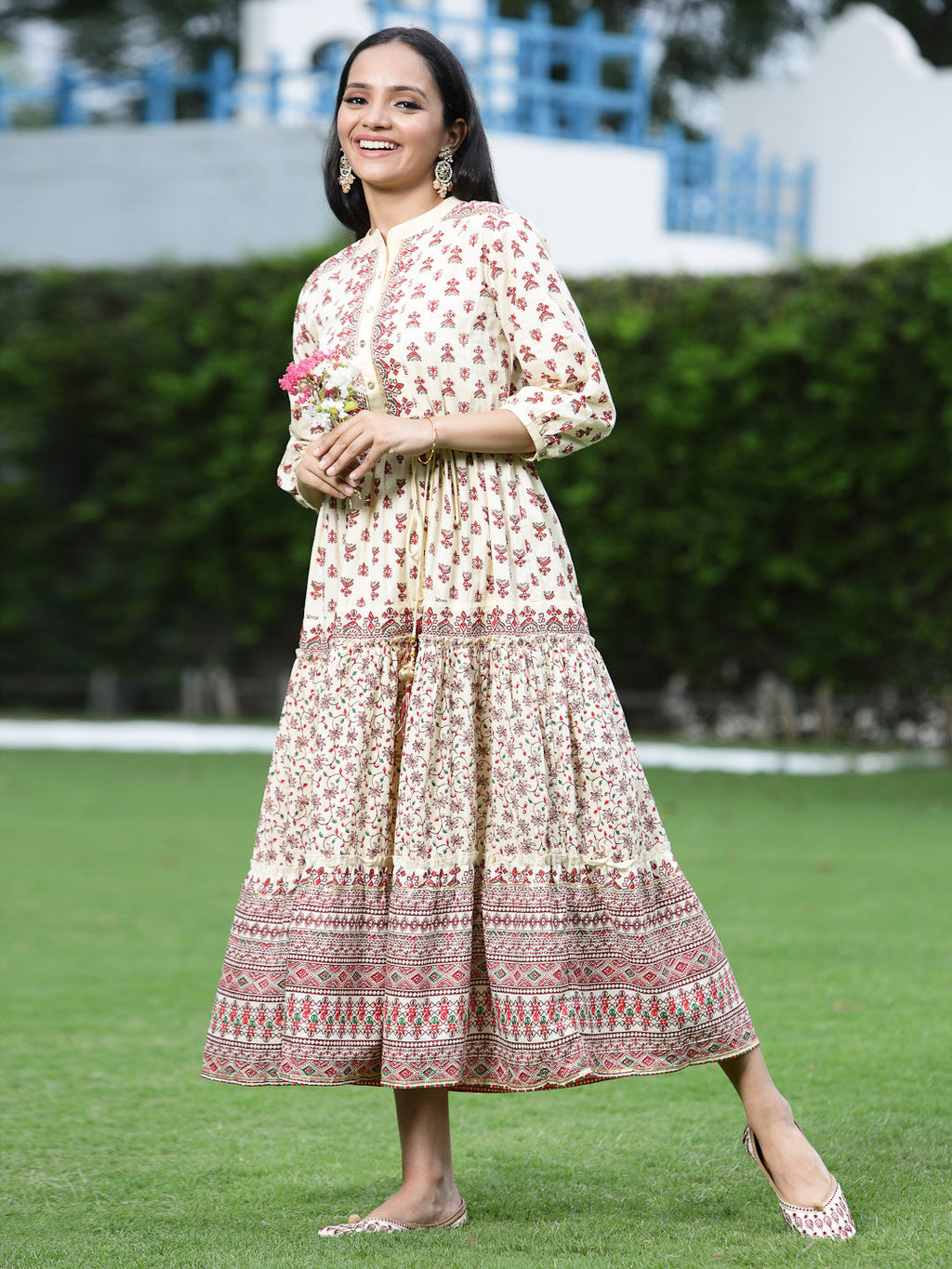 Juniper Women Cream Cambric Printed Tiered Dress | Grocsy