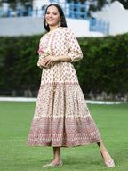 Juniper Women Cream Cambric Printed Tiered Dress | Grocsy