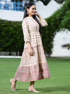 Juniper Women Cream Cambric Printed Tiered Dress | Grocsy