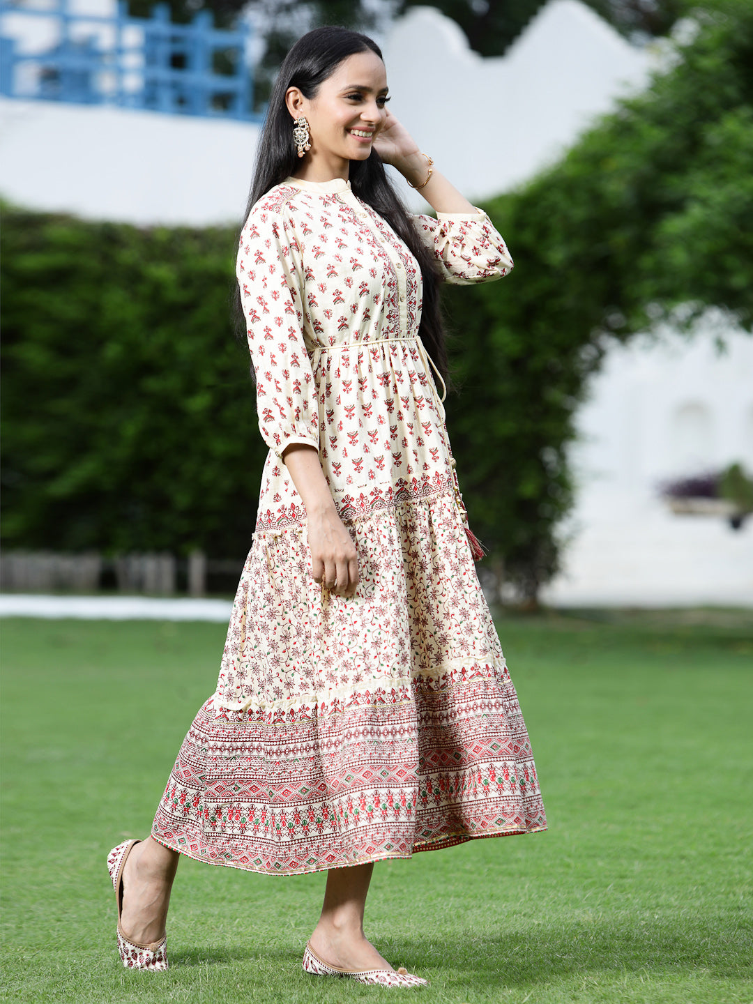 Juniper Women Cream Cambric Printed Tiered Dress | Grocsy