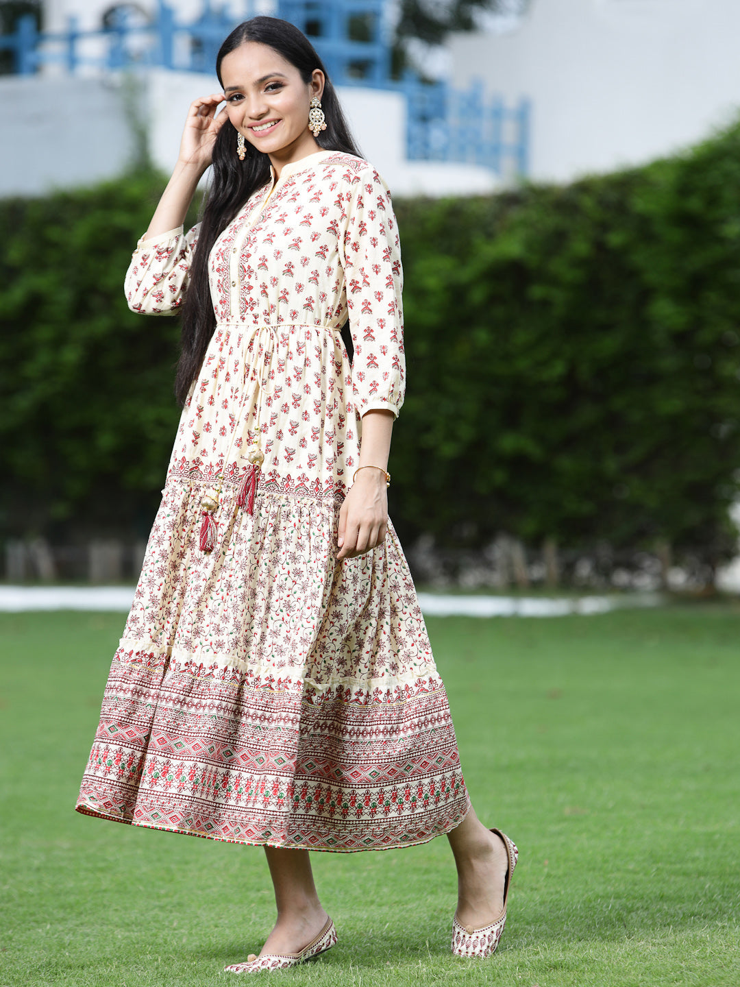 Juniper Women Cream Cambric Printed Tiered Dress | Grocsy