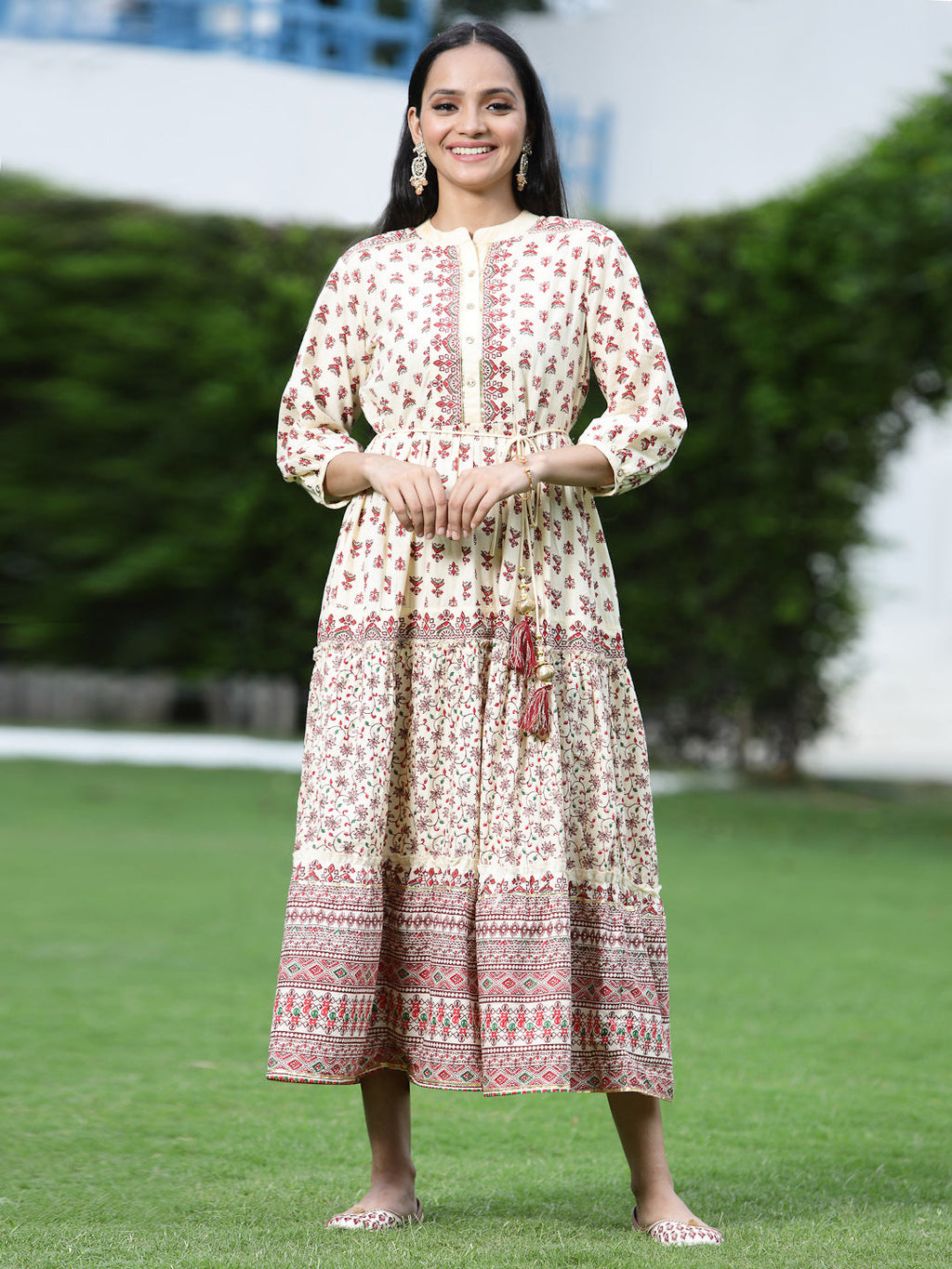 Juniper Women Cream Cambric Printed Tiered Dress | Grocsy