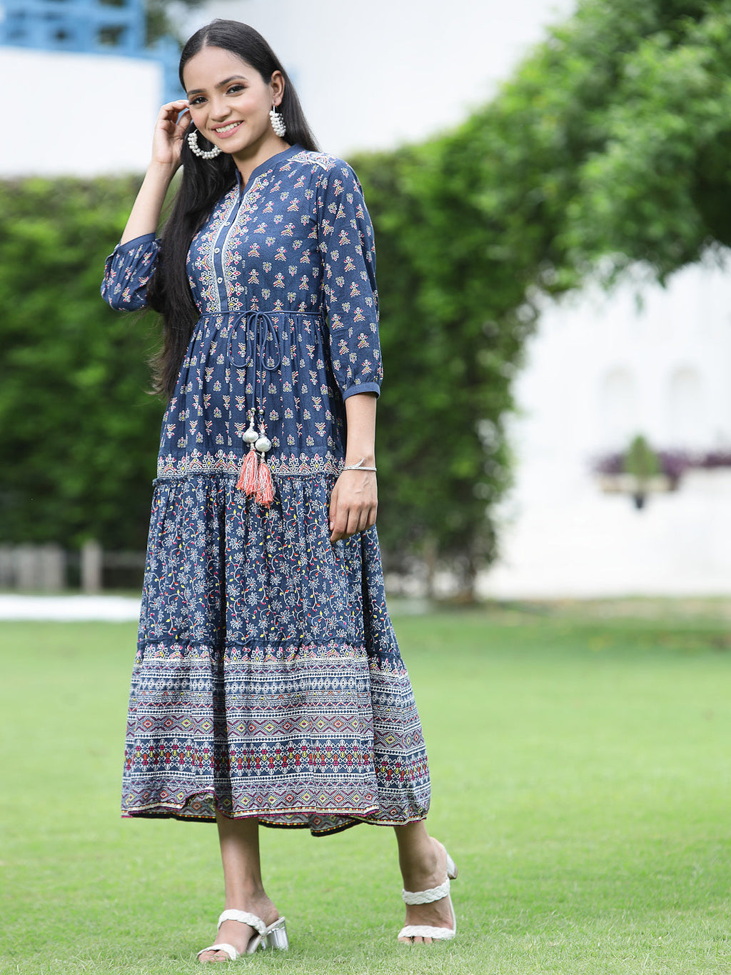 Juniper Womens Indigo Cambric Printed Dress | Grocsy
