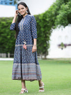 Juniper Women's Indigo Cambric Printed Tiered Dress | Grocsy