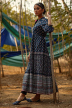 Juniper Indigo Ethnic Motif Printed Pure Cotton Tiered Maxi Dress | Grocsy