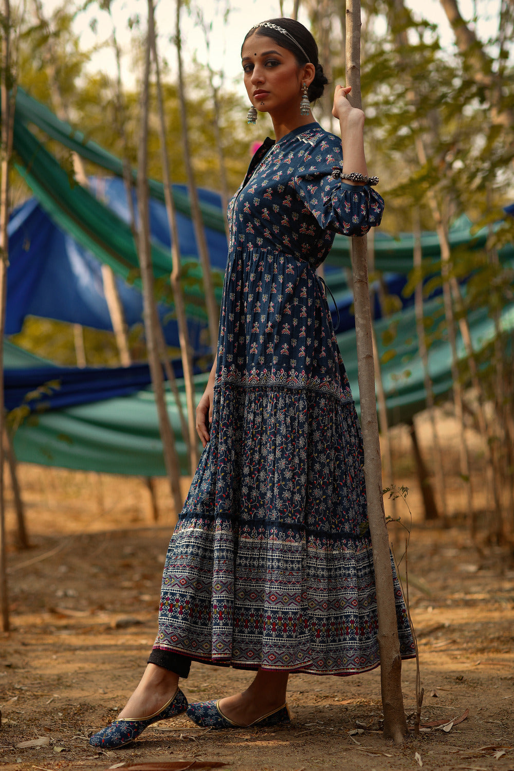 Juniper Indigo Ethnic Motif Printed Pure Cotton Tiered Maxi Dress | Grocsy