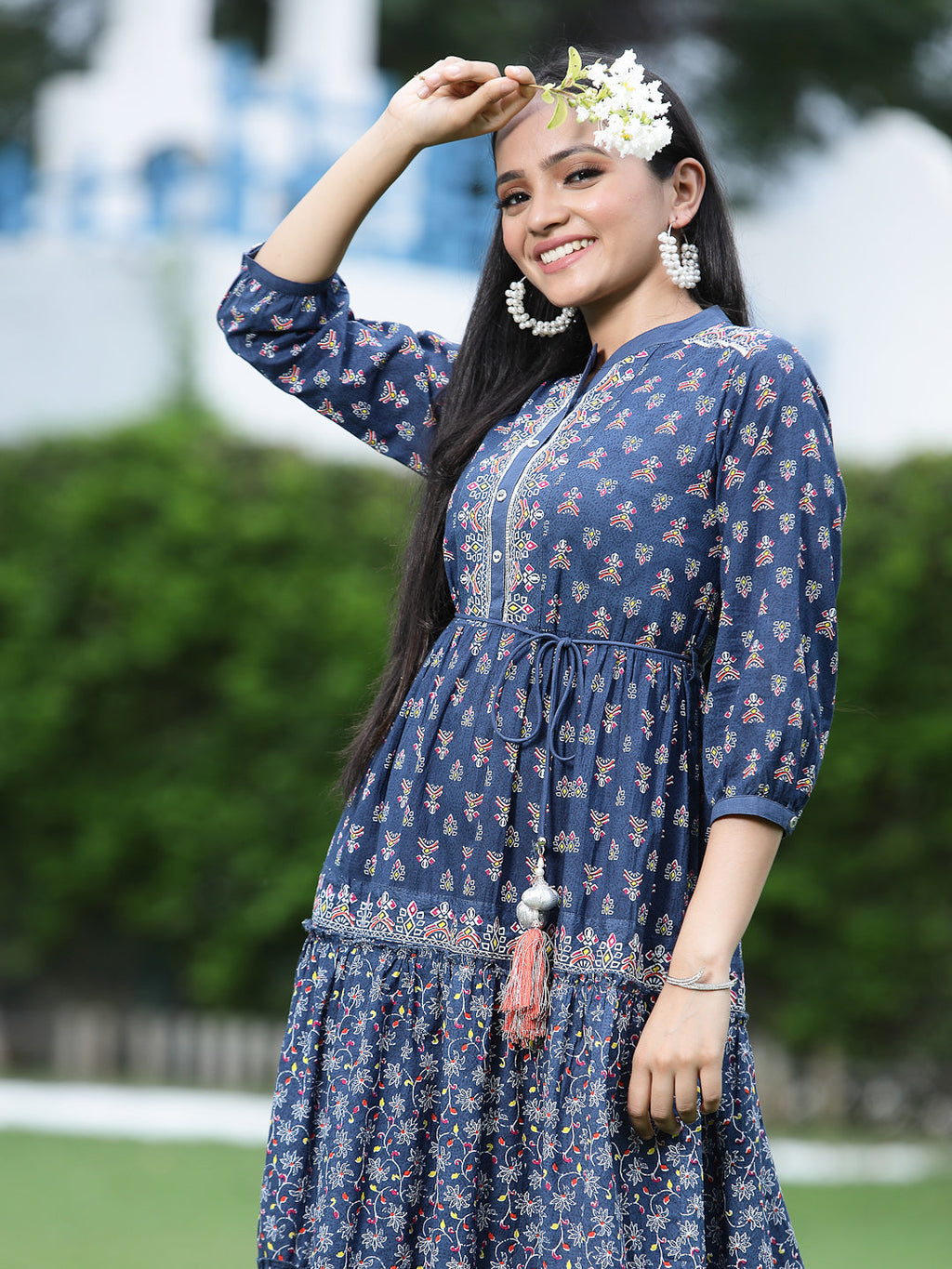 Juniper Womens Indigo Cambric Printed Dress | Grocsy