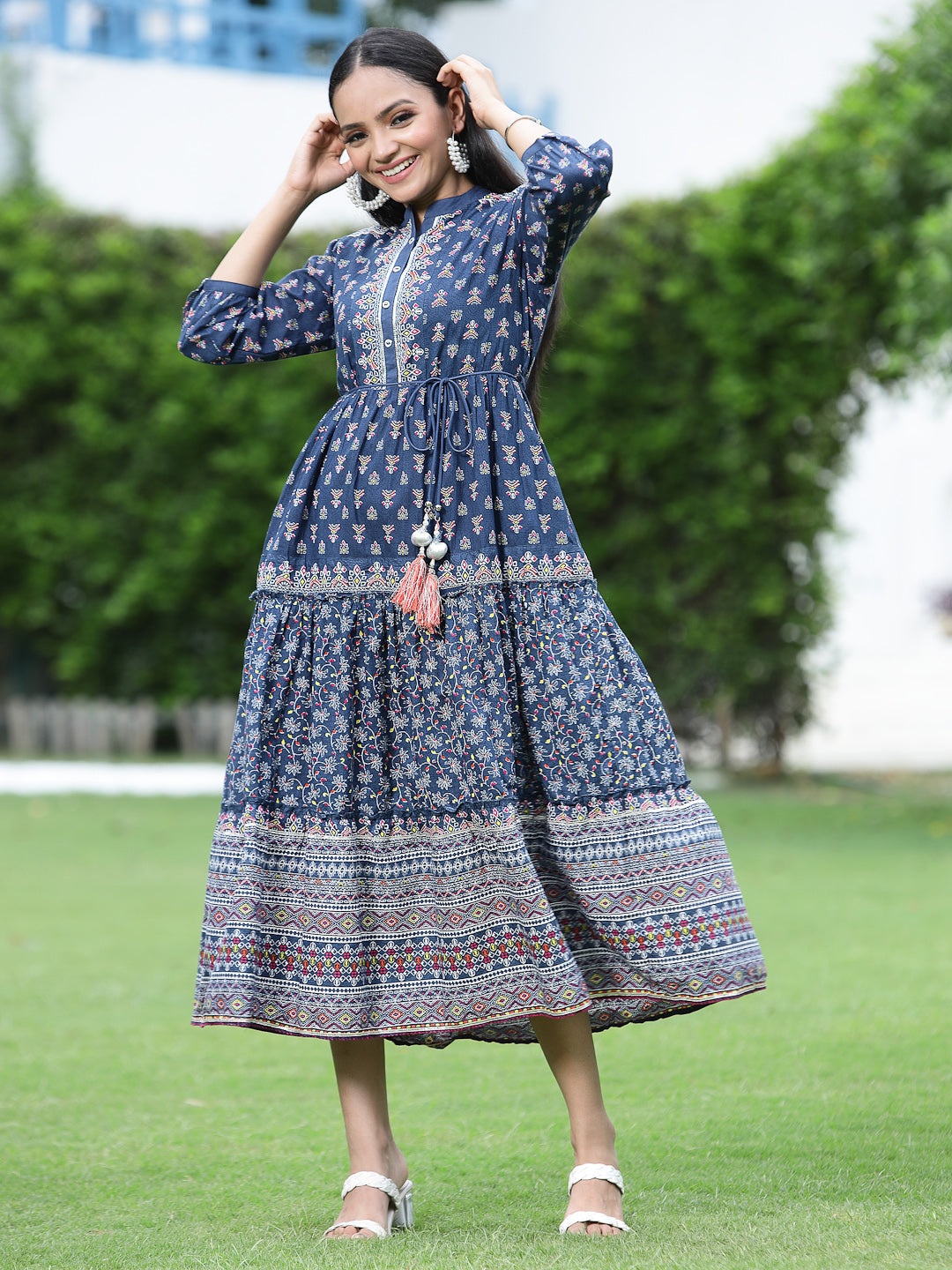 Juniper Womens Indigo Cambric Printed Dress | Grocsy