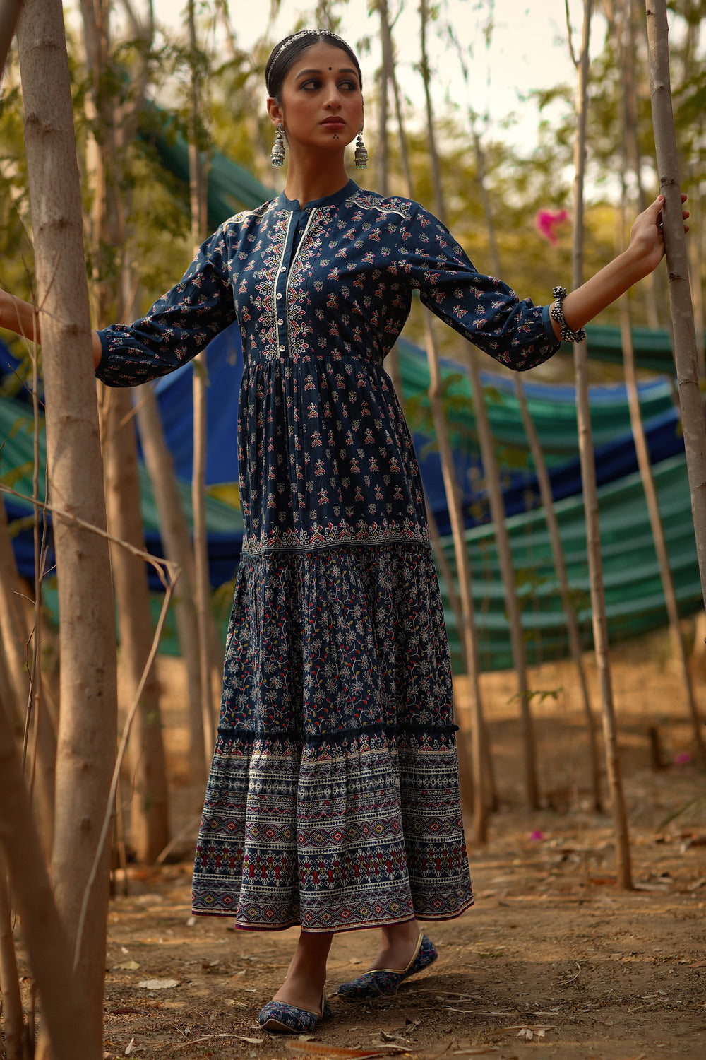 Juniper Indigo Ethnic Motif Printed Pure Cotton Tiered Maxi Dress | Grocsy