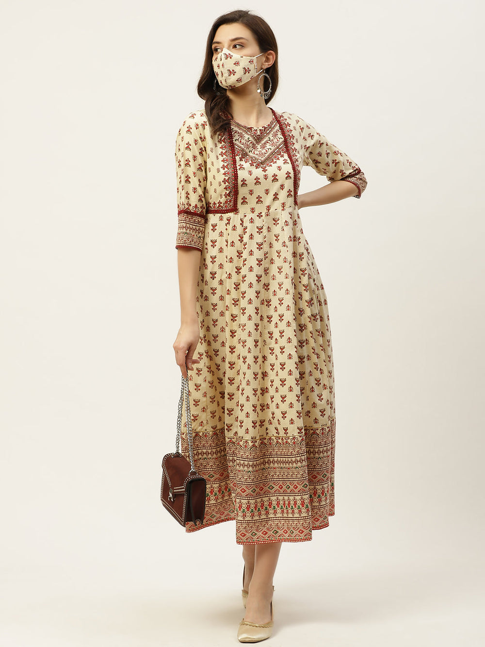 Juniper Women's Cream Cambric Printed Anarkali Dress | Grocsy