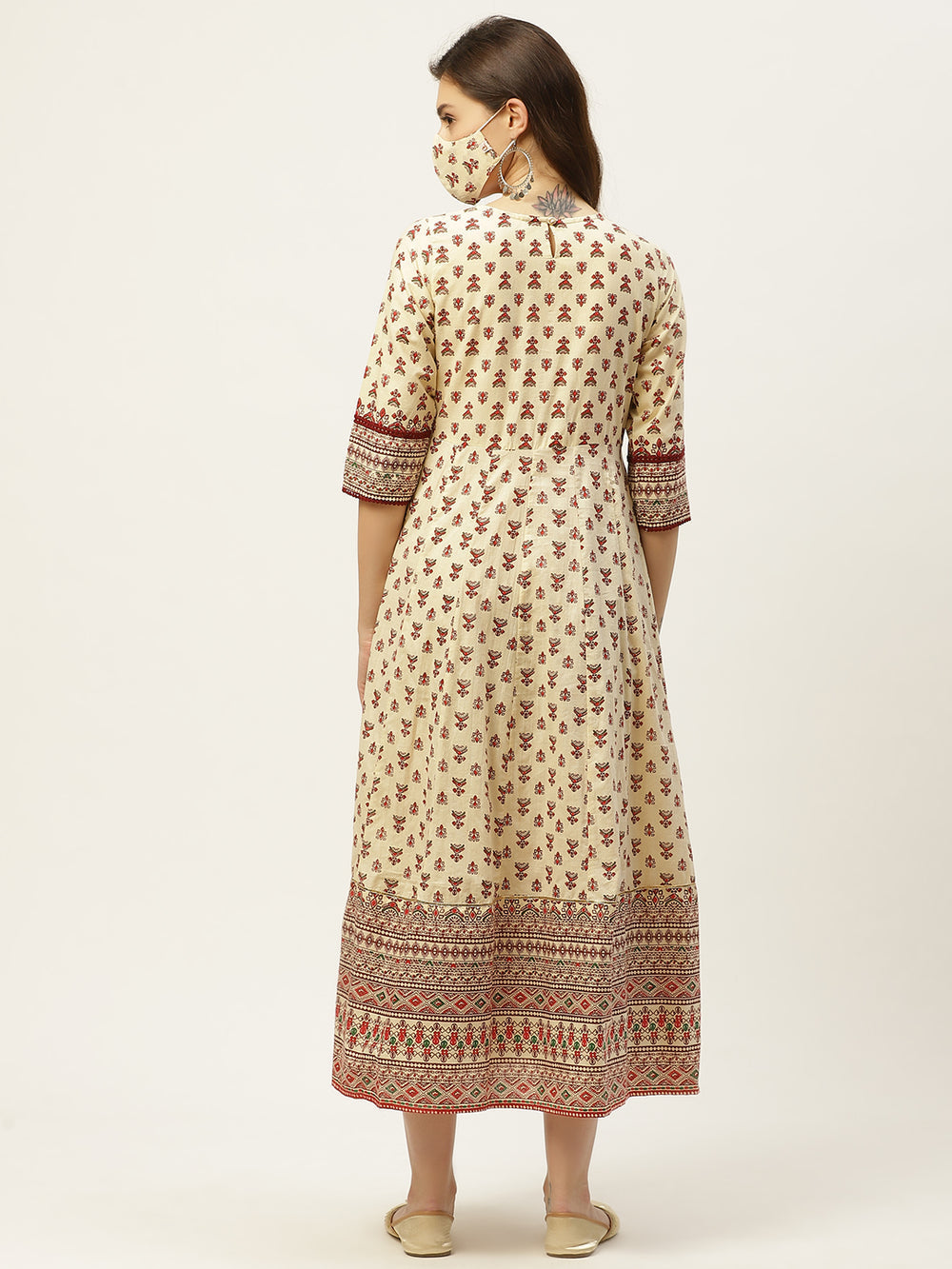 Juniper Women's Cream Cambric Printed Anarkali Dress | Grocsy