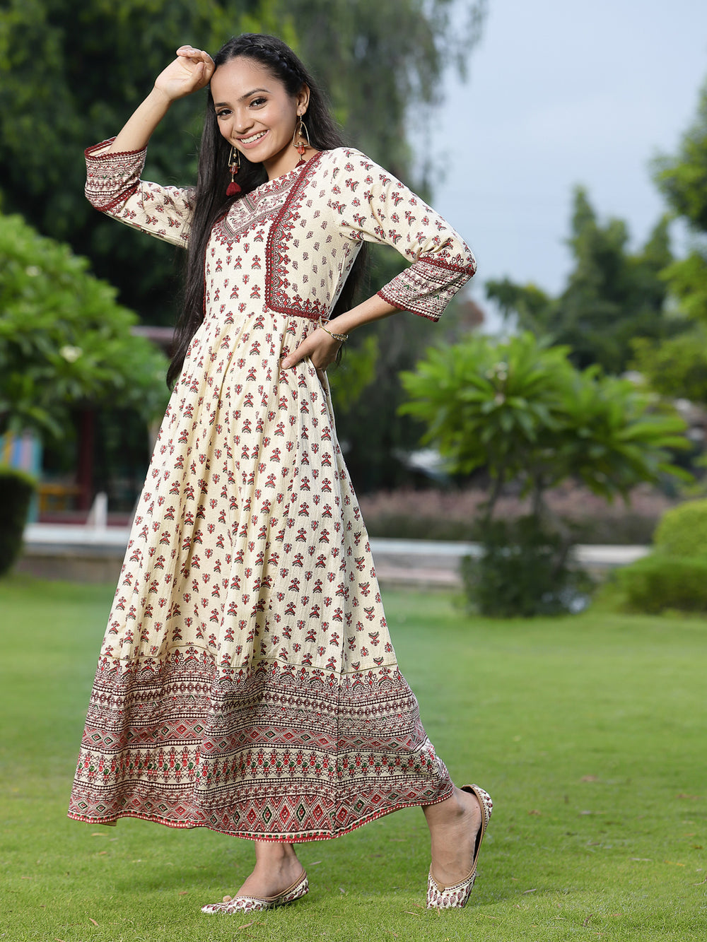 Juniper Women's Cream Cambric Printed Anarkali Dress | Grocsy