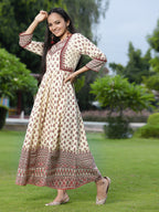 Juniper Women's Cream Cambric Printed Anarkali Dress | Grocsy