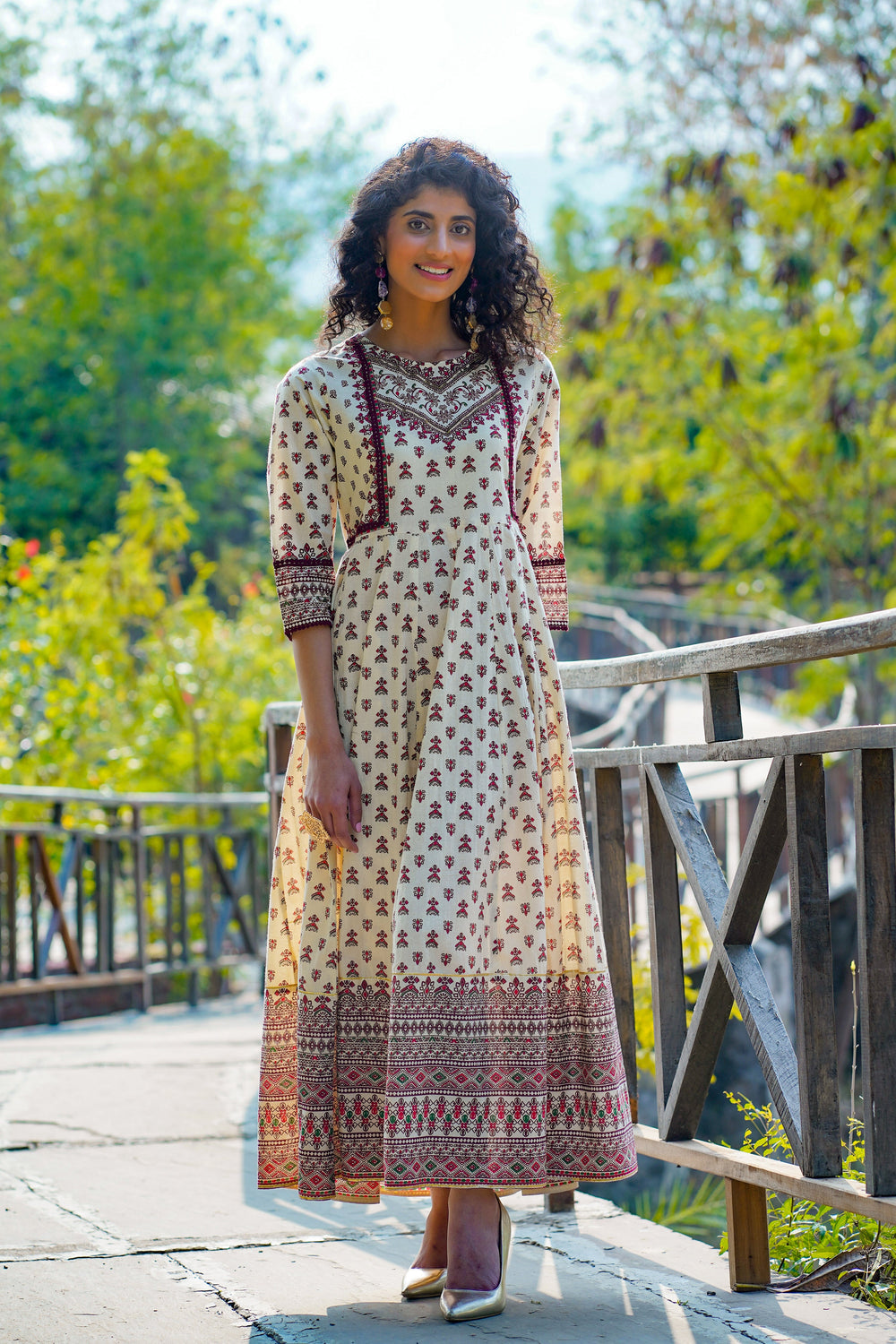 Juniper Women's Cream Cambric Printed Anarkali Dress | Grocsy