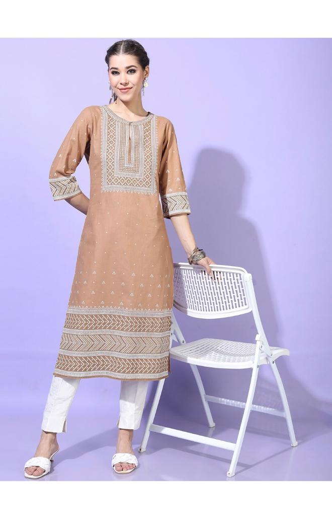 Maai Rayon Hand Printed Kurta Beige | Grocsy