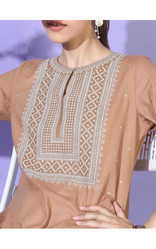 Maai Rayon Hand Printed Kurta Beige | Grocsy