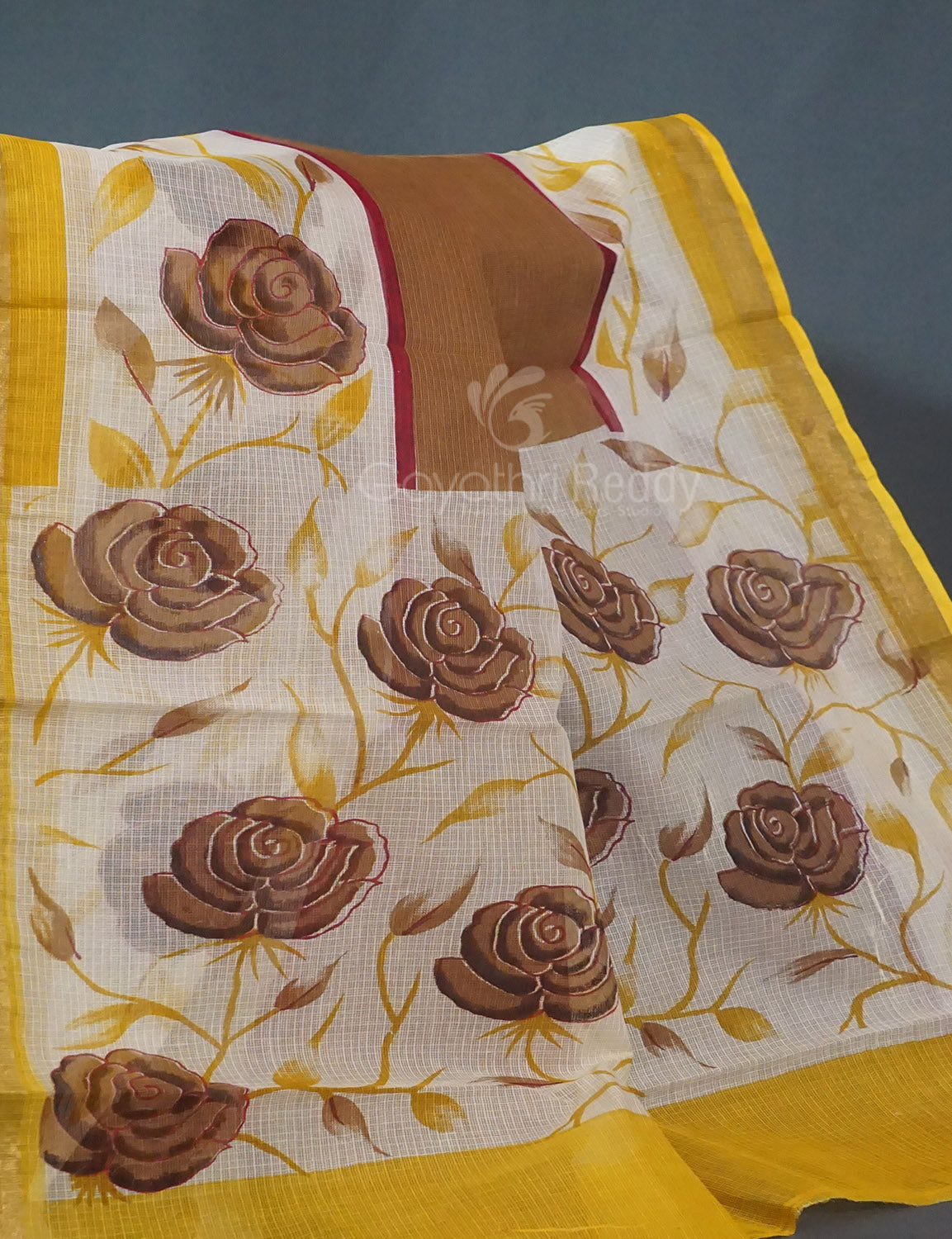 Khaki Green Colour Block Print Pure Kota Cotton Saree By Gayathri Reddy Designer Studio | Grocsy