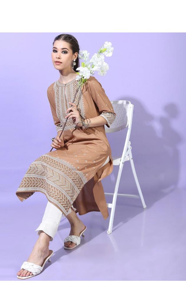 Maai Rayon Hand Printed Kurta Beige | Grocsy