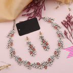 Tehzeeb Creations Silver Pleated White Diamond With Orange Beads Necklace Set | Grocsy