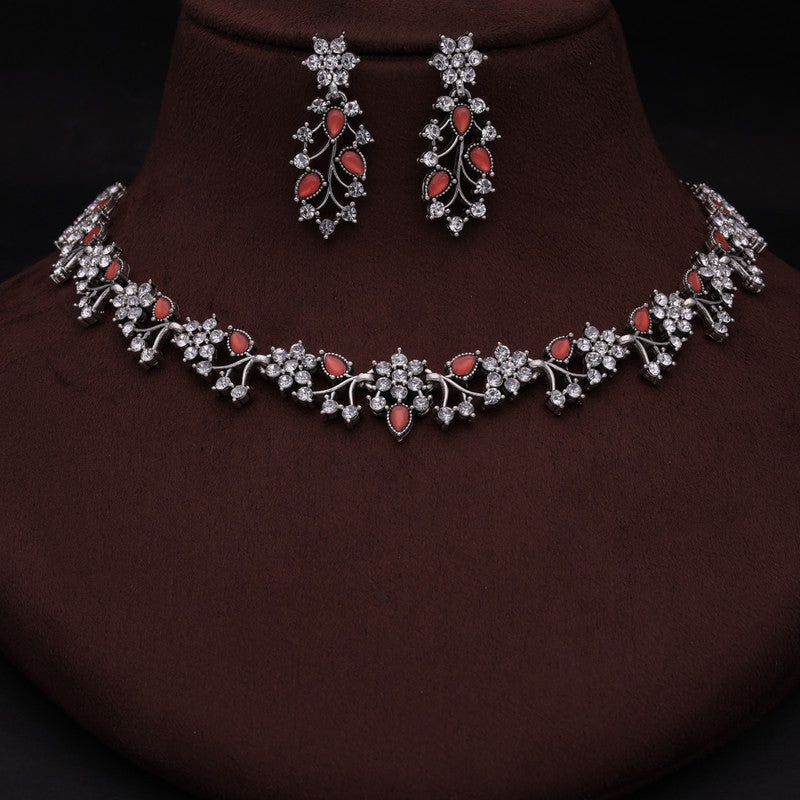 Tehzeeb Creations Silver Pleated White Diamond With Orange Beads Necklace Set | Grocsy