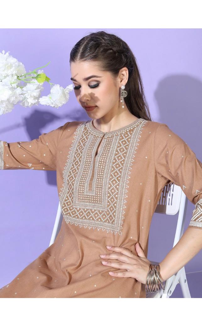 Maai Rayon Hand Printed Kurta Beige | Grocsy