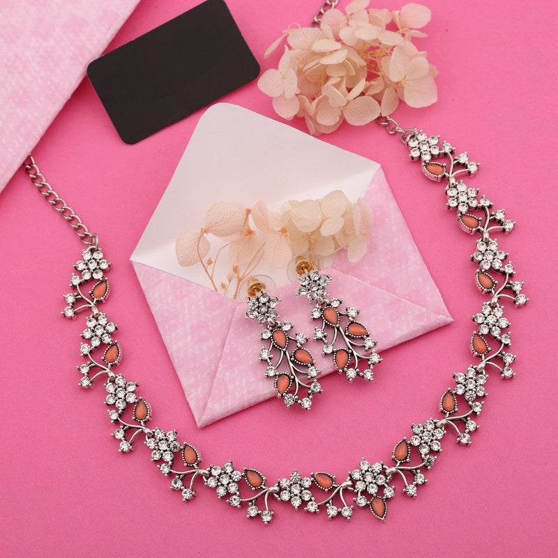 Tehzeeb Creations Silver Pleated White Diamond With Orange Beads Necklace Set | Grocsy