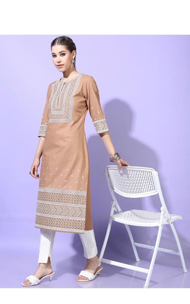 Maai Rayon Hand Printed Kurta Beige | Grocsy