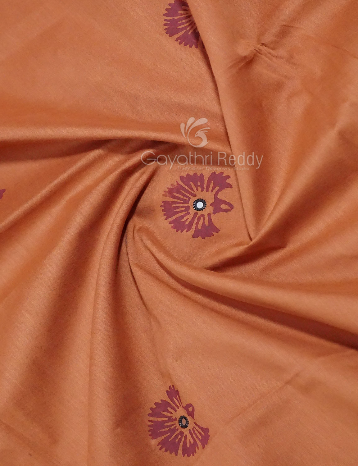 Dark Mustard Colour Block Print With Mirron Embroidered Pure Mulmul Cotton Saree By Gayathri Reddy Designer Studio | Grocsy